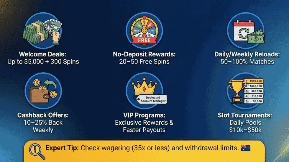 Casino bonus offers with welcome bonus, free spins, cashback, VIP rewards, and slot tournaments.